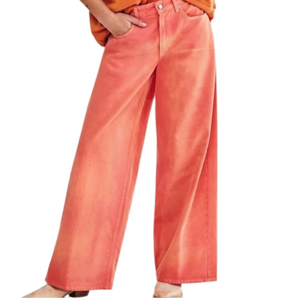 Free People We The‎ Free Waterfalls Baggy Wide Leg Jeans Orange Tie Dye Size 24